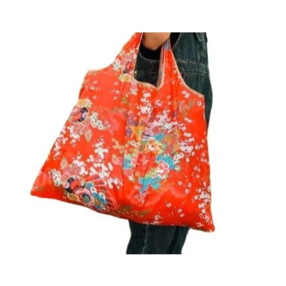 Floral Shopping Bag Tote Red Large Reusable